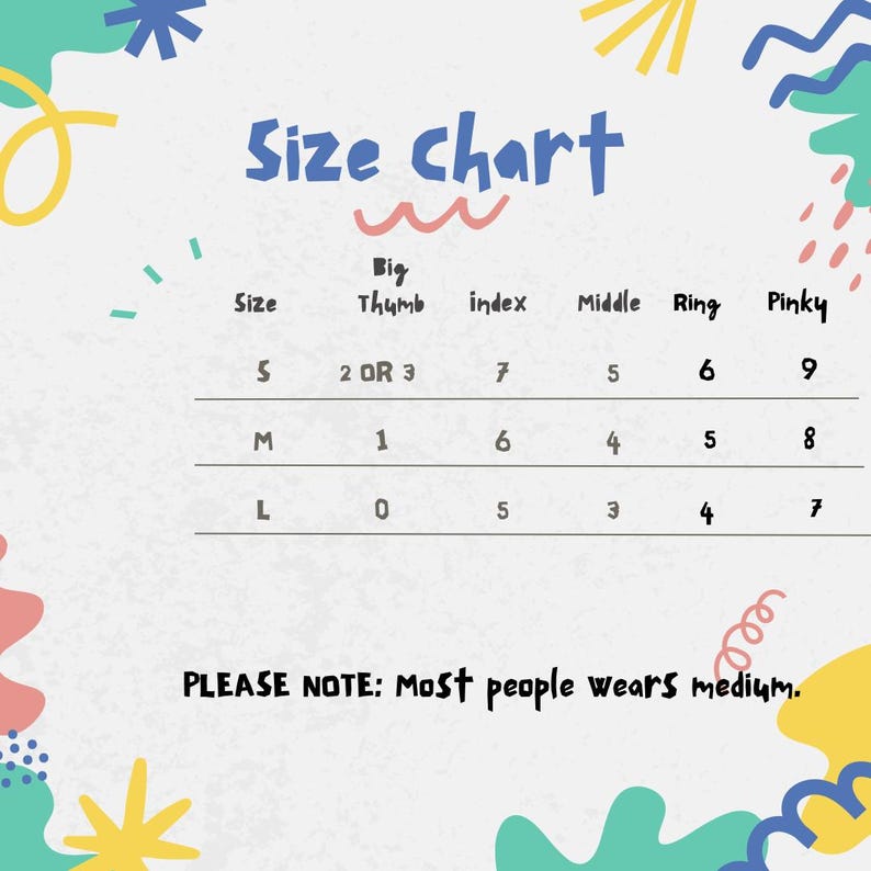 May include: A size chart with the title "Size chart" in blue, with a white background and colorful abstract shapes. The chart lists sizes S, M, and L, with corresponding finger measurements. The text "PLEASE NOTE: Most people wears medium" is at the bottom.