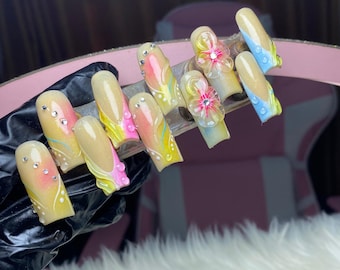 Handmade Colorful Square Press On Nails, Reusable Kiss Design