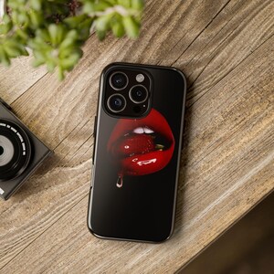 Red Lips with Strawberry iPhone Case .Glossy Sensual Design Protective Cover, Bold & Stylish Gift