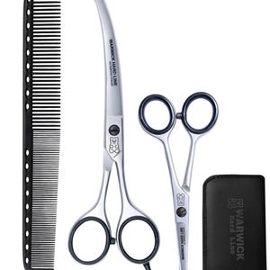 May include: A grooming kit featuring a black comb, two pairs of silver scissors with black handles, and a black carrying case. The scissors have the text "WARWICK HARD LINE" and a bear logo.