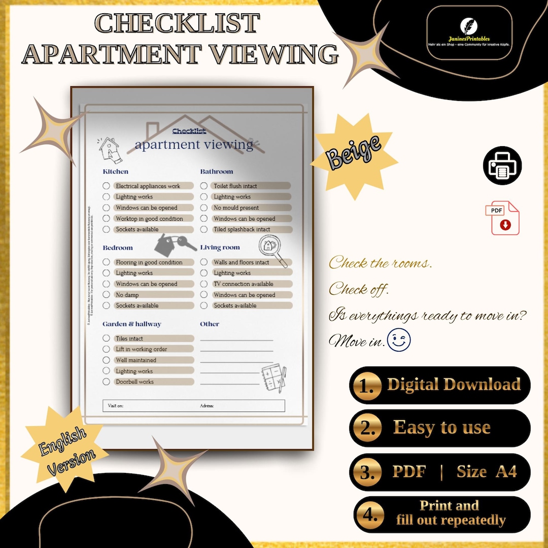 Apartment Viewing Checklist | PDF Template | A4 | Beige Design | Rental ...