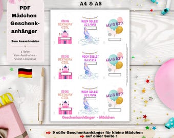 Gift tags for girls (PDF, German, A4/A5 format) – 9 tags with princess, mermaid & balloons