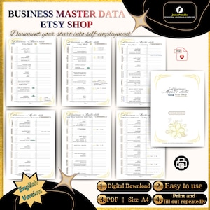 Könnte beinhalten: Eine Sammlung druckbarer Geschäftsdatenblätter aus dem Etsy-Shop "Business Master Data". Die Blätter sollen den Start der Selbstständigkeit dokumentieren. Das Bild enthält den Text "Englische Version", "Digitaler Download" und "Einfach zu bedienen."