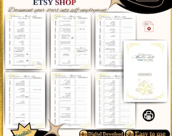 May include: A collection of printable business data sheets from the Etsy shop, "Business Master Data." The sheets are designed to help document the start of self-employment. The image includes the text "English Version," "Digital Download," and "Easy to use."