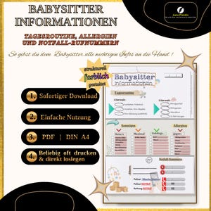 May include: A printable babysitter information sheet in German, featuring sections for daily routines, allergies, and emergency contacts. The design is white with gold accents and starburst graphics. Includes PDF and DIN A4 format.
