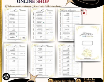 May include: A digital download featuring business forms for an online shop. The forms are in a PDF format and include sections for documenting business information. The design is in gold and white with the text "BUSINESS STAMMDATEN ONLINE SHOP".