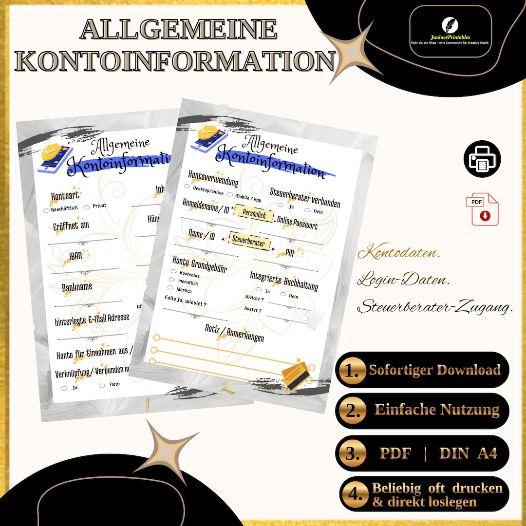 Account Information Template in German – 2 Pages PDF A4 Bank Details ...