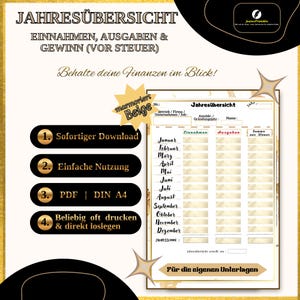 May include: A beige and gold printable financial planner with the title "Jahresübersicht" and the text "Einnahmen, Ausgaben & Gewinn (Vor Steuer)". The planner includes sections for income, expenses, and a summary.