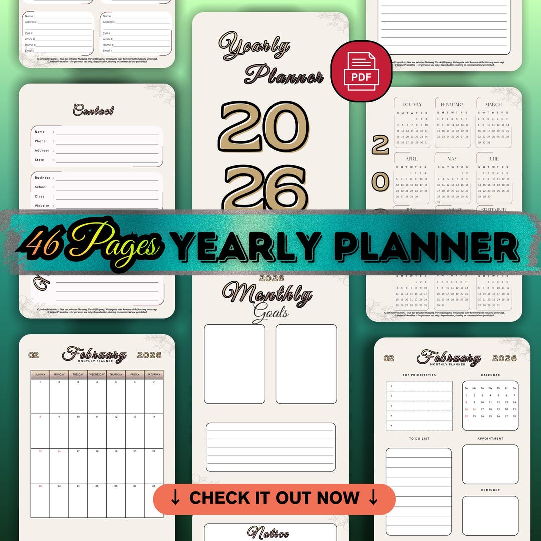 2026 Yearly Planner Printable, 46 Page Floral Minimalist Life Planner ...