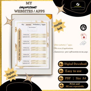 Important Websites & Apps Tracker | PDF Template | A4 | Design | Purchase and download | digital tracker | Organizer | Planer | Download
