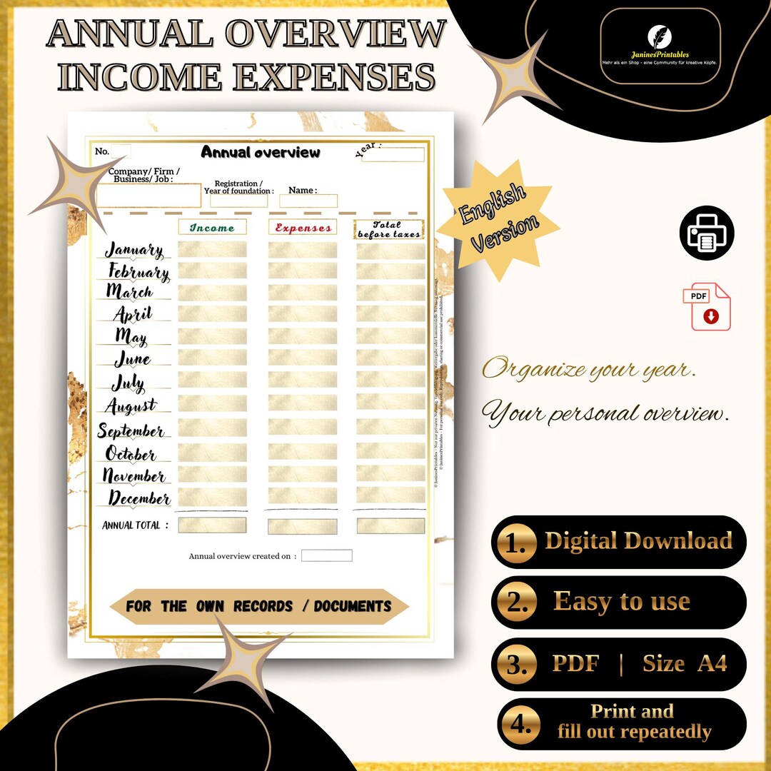 Income & Expenses Annual Overview | PDF | A4 Size | Design | Finance ...