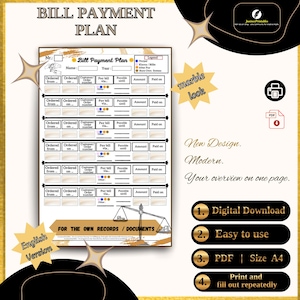 Könnte beinhalten: Eine digitale Vorlage für einen Rechnungszahlungsplan mit Marmor-Optik-Design. Die Vorlage enthält Abschnitte zur Erfassung von Rechnungsdetails, Fälligkeitsterminen und bezahlten Beträgen. Das Design enthält den Text "Bill Payment Plan" und "English Version".