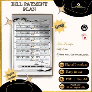 Könnte beinhalten: Eine digitale Vorlage für einen Zahlungsplan mit dem Text "Bill Payment Plan" oben. Die Vorlage enthält Abschnitte zur Erfassung von Rechnungsdetails, Fälligkeitsterminen und bezahlten Beträgen. Das Design ist modern und einfach zu bedienen, verfügbar als PDF, Größe A4.