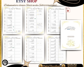 May include: A digital download product with the text "BUSINESS STAMMDATEN ETSY SHOP" and "Dokumentiere deinen Start in die Selbstständigkeit." Several printable sheets are displayed, along with a cover page. The product is available as a PDF in DIN A4 format.