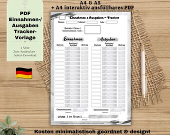 Income and Expense Tracker in German - Monthly Expenses PDF Printable Template