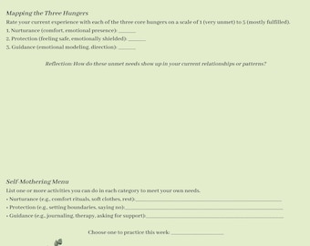 May include: A worksheet titled "Mother Hunger-Informed Exploration" with text about therapeutic exploration and healing. It includes sections for mapping needs and a self-mothering menu. A sprig of green leaves is in the lower left corner.