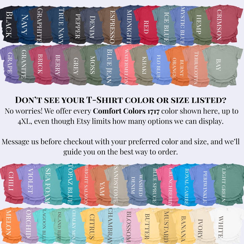 Puede incluir: Una exhibici&oacute;n de varias camisetas Comfort Colors 1717 en una amplia gama de colores, incluyendo negro, azul marino, rojo y verde. La imagen incluye texto que indica que hay m&aacute;s colores y tallas disponibles bajo petici&oacute;n, hasta 4XL.