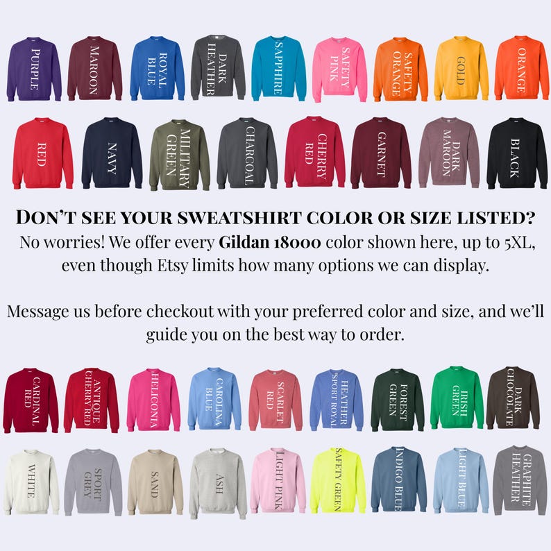 Puede incluir: Una variedad de sudaderas Gildan 18000 en varios colores, incluyendo morado, granate, azul real y negro. La imagen muestra una amplia gama de colores disponibles, con texto que indica tallas hasta 5XL.