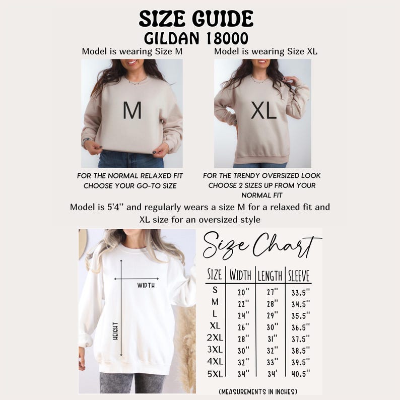 Puede incluir: Gu&iacute;a de tallas para sudaderas Gildan 18000. Incluye una tabla de tallas con medidas en pulgadas para las tallas S a 5XL. La gu&iacute;a muestra c&oacute;mo queda la sudadera para un look relajado o de gran tama&ntilde;o. La modelo mide 162.5 cm.
