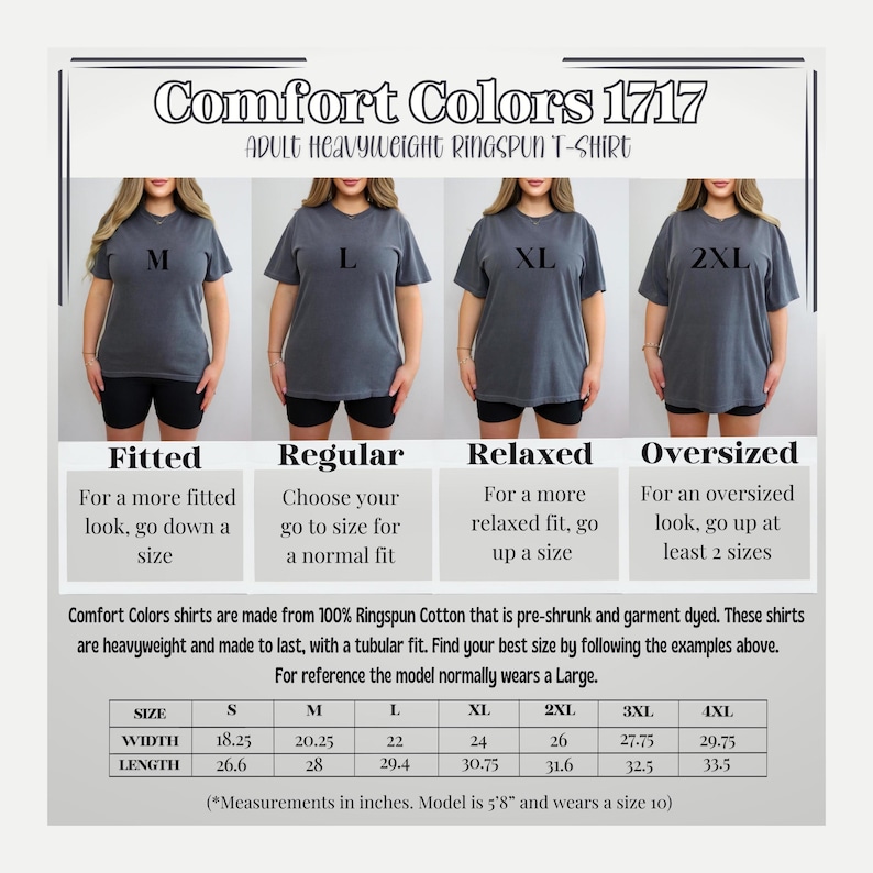 K&ouml;nnte beinhalten: Bild von Comfort Colors 1717 Heavyweight Ringspun T-Shirts f&uuml;r Erwachsene. Das Bild zeigt vier Models, die verschiedene Gr&ouml;&szlig;en des Shirts tragen. Der Text enth&auml;lt Gr&ouml;&szlig;eninformationen.