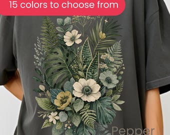 Camiseta bohemia con flores silvestres botánicas y colores cómodos, camiseta retro monocromática con helechos y camiseta floral vintage de primavera.