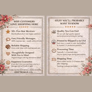 Puede incluir: Dos tarjetas informativas con detalles florales. La tarjeta izquierda dice "Por qu&eacute; a los clientes les encanta comprar aqu&iacute;", destacando rese&ntilde;as, mensajes, env&iacute;o, dise&ntilde;o y garant&iacute;a. La tarjeta derecha detalla "Cosas que probablemente querr&aacute;s saber".