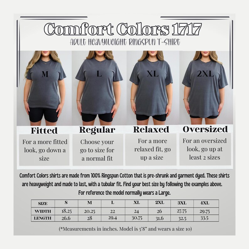 Puede incluir: Imagen de camisetas Comfort Colors 1717 para adultos, de tejido ringspun de peso pesado. La imagen muestra cuatro modelos con diferentes tallas: M, L, XL y 2XL. Las camisetas est&aacute;n preencogidas y te&ntilde;idas. Medidas en cm.