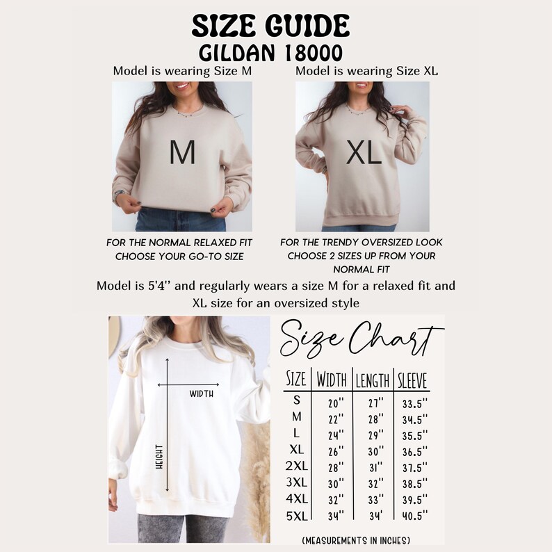 K&ouml;nnte beinhalten: Gr&ouml;&szlig;entabelle f&uuml;r Gildan 18000 Sweatshirts. Enth&auml;lt Bilder von Models, die Gr&ouml;&szlig;e M und XL tragen. Eine Gr&ouml;&szlig;entabelle zeigt die Ma&szlig;e in Zoll f&uuml;r die Gr&ouml;&szlig;en S bis 5XL, einschlie&szlig;lich Breite, L&auml;nge und &Auml;rmell&auml;nge.