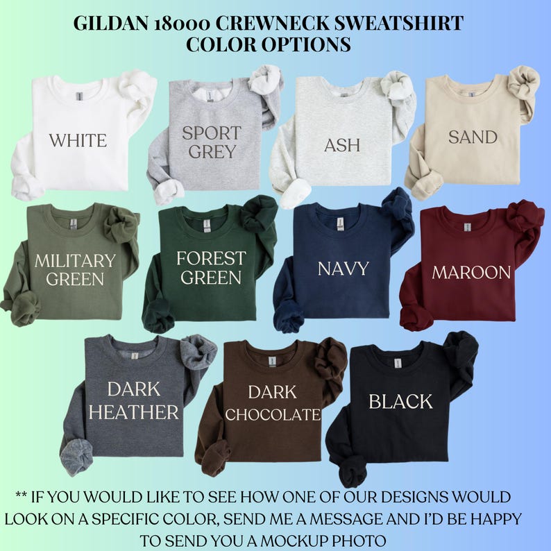 Puede incluir: Una exhibici&oacute;n de sudaderas Gildan 18000 con cuello redondo en varios colores: blanco, gris deportivo, ceniza, arena, verde militar, verde bosque, azul marino, granate, gris oscuro, chocolate oscuro y negro. El texto dice "OPCIONES DE COLOR".
