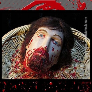May include: A close-up of a severed head covered in blood, lying in a wicker basket. The head has a beard and is surrounded by straw. The image is from the website headleshistoricals.com.