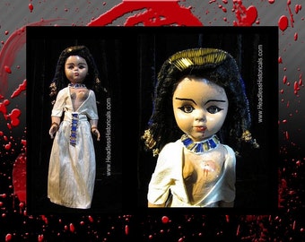 Egyptian Queen Cleopatra - Suicide by snake bite. Gruesome effigy doll by Headless Historicals. Horror doll. Creepy doll.