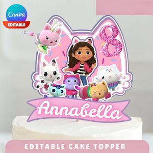 Może przedstawiać: Różowy i fioletowy topper na ciasto z postaciami z kreskówek i imieniem "Annabella". Topper ma kształt kota z liczbą 8 w brokat. Słowa "Editable Cake Topper" znajdują się na dole.