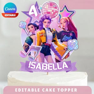 Editable Kpop Demon Hunters Cake Topper, Huntrix K-pop Birthday Topper, Printable Girls Party Cake Decoration, Canva Template Cake Topper