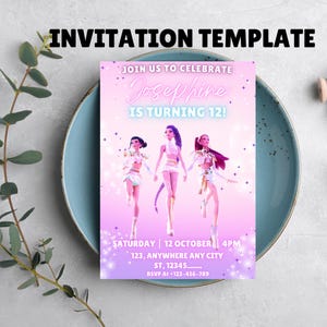 Pode incluir: Um modelo de convite rosa com o texto "INVITATION TEMPLATE" no topo. O convite diz "Junte-se a nós para celebrar os 12 anos de Josephine!" e inclui detalhes do evento. Apresenta três figuras estilizadas.