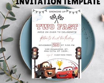Lightning McQueen Birthday Invitation, Two Fast, Cars Party (Digital Download)