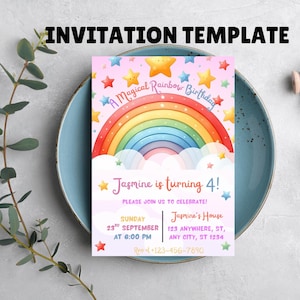 Rainbow Birthday Invitation, Rainbow Birthday Party, Rainbow of fun party, Editable Pink Gold Rainbow Clouds Girl Invitation Canva Template