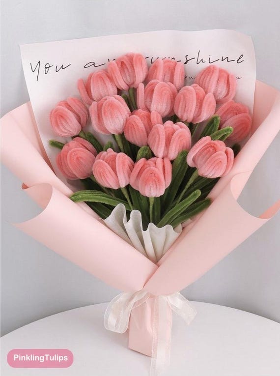 Kit DIY Bouquet Tulipes En Nettoyeurs De Tuyaux - 170 Pièces Peluche Avec Instructions, Tiges, Ruban - Activité Créative Enfants Adultes