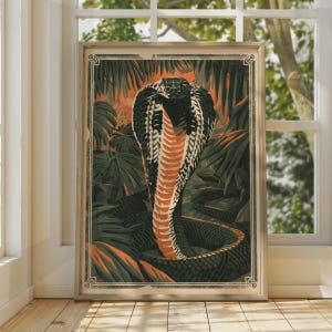 May include: A framed rectangular wall art print featuring a stylised illustration of a cobra with a flared hood. The snake displays black, white and orange patterns against a dark green jungle background with large leaves and orange highlights.