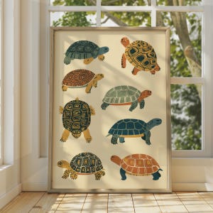 May include: A rectangular wall art print featuring a collection of eight illustrated turtles in various shades of blue, orange, and yellow. The turtles are depicted in different poses, including side profiles and top-down views, arranged on a cream background.