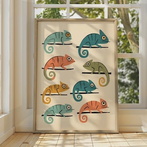 Kameleontposter, Färgglad ödlaväggkonst, Retro reptiltryck, Barnrumsinredning