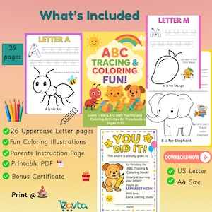 ABC Coloring Book for Kids|Homeschool Printables |Preschool Alphabet Tracing Worksheet|Activity PDF |Toddlers learning Practice Pages