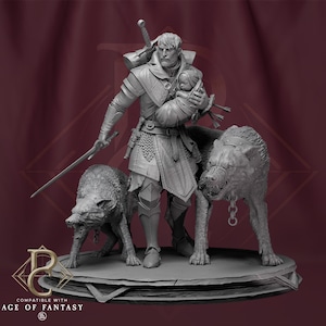 Peut inclure: Figurine grise détaillée d'un guerrier tenant un bébé, flanqué de deux créatures ressemblant à des loups. Le guerrier est vêtu d'une armure et porte une épée. La base de la figurine porte le texte "COMPATIBLE WITH AGE OF FANTASY".