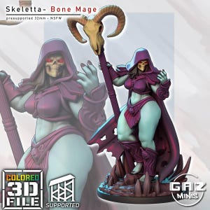 以下が含まれることがあります： Skeletta- Bone Mageと題された3Dプリントのミニチュアフィギュア。赤い目をした骸骨のキャラクターが紫色のフード付きマントと鎧を身にまとい、羊の頭蓋骨をあしらった杖を持ち、岩のようなディテールが施された台座の上に立っている。
