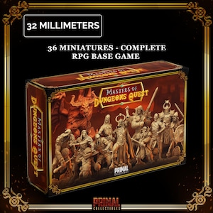 May include: A boxed RPG base game set, featuring 36 miniatures. The box displays the text "Masters of Dungeons Quest" and "Primal Collectibles." The miniatures are 32 millimeters in size and depict various fantasy characters.