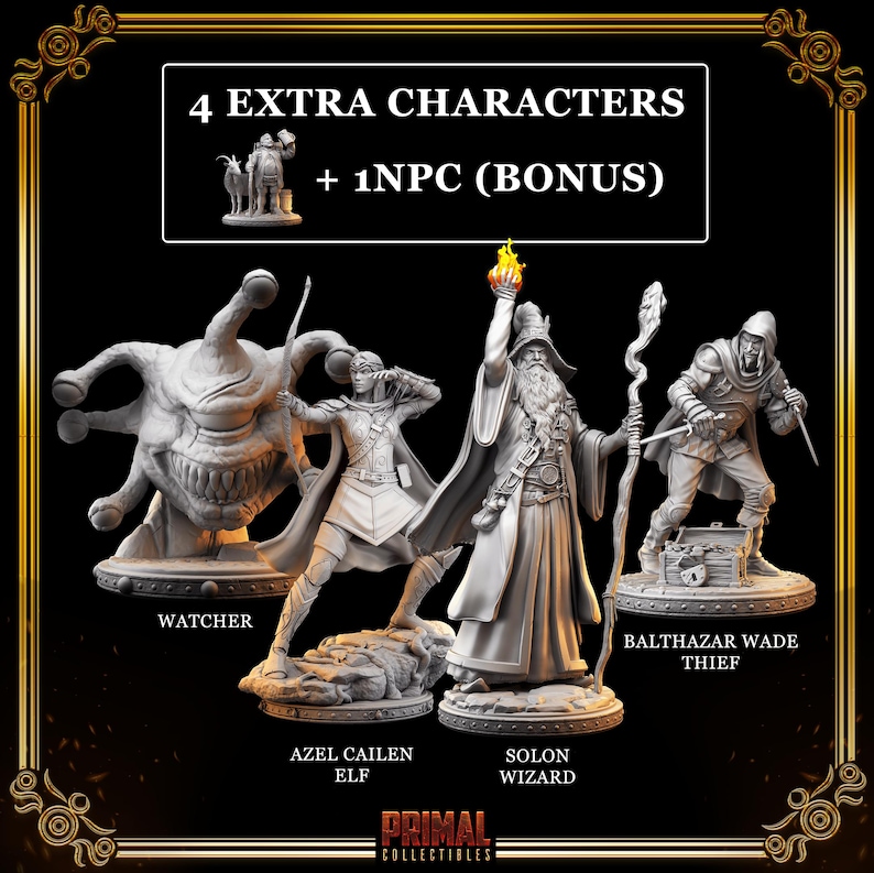 May include: A collection of fantasy miniatures, including a Watcher, an Elf, a Wizard, and a Thief. The image includes the text "4 EXTRA CHARACTERS + 1NPC (BONUS)" and the "PRIMAL COLLECTIBLES" logo. The miniatures are gray and detailed.