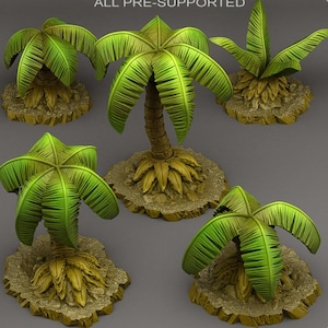 May include: Five miniature palm trees, each with bright green fronds and a brown trunk, are displayed on a tan, rocky base. The image is a 3D render, showing the trees from different angles. The text "ALL PRE-SUPPORTED" is visible at the top.