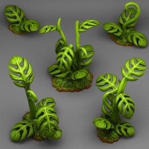 May include: Five miniature, bright green Monstera plants with detailed leaf patterns. Each plant is set on a small, textured base with simulated grass and soil. The leaves have a distinctive split-leaf design, and the plants vary in size and pose.