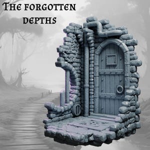 May include: A gray, stone-textured miniature diorama of a weathered doorway and surrounding wall. The text "The Forgotten Depths" is at the top. The door has a round handle and is surrounded by pipes and a chain. The diorama is set against a blurred background.