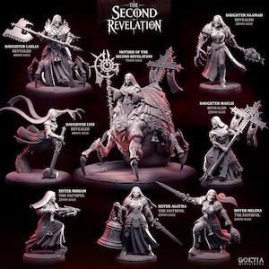 以下が含まれることがあります： 「The Second Revelation」と題された8体のグレーのファンタジーミニチュアフィギュアのコレクション。セットには75mmベースのMother of the Second Revelation、40mmまたは25mmベースのDaughters Caelia、Lyss、Naamah、Maelis、そしてSisters Miriam、Agatha、Helenaが含まれています。