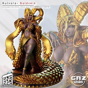 Peut inclure: Une figurine Kulvara Goldvein à la peau sombre, aux longues cornes dorées et aux cheveux blonds. Le personnage porte une tenue à écailles dorées avec des accents verts et une longue queue épaisse. Texte : Kulvara- Goldvein, presupported 32mm, 75mm and 150mm Figurine - NSFW.